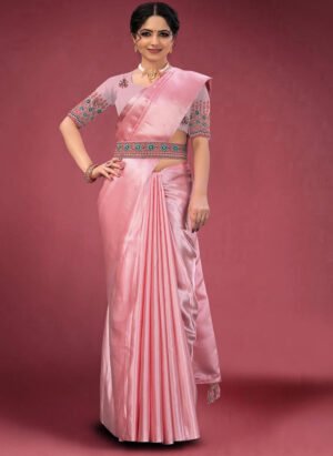 Satin Saree and Belt with Unstitched Embroidered Blouse Piece